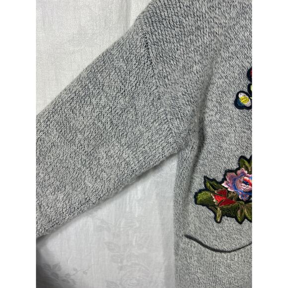 Hail3y:23 Cardigan Sweater Medium PETITE Gray Hooded Applique Embroidered Pocket - Picture 5 of 15